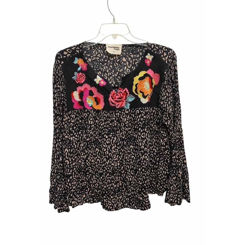 Savanna Jane 2X Boho Floral Embroidered Leopard Peplum Top Plus Size‎